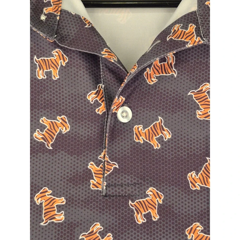 Waggle Golf Men Tiger Goat Polo Shirt Grey Orange Short Sleeve Stretch Large - Picture 6 of 8